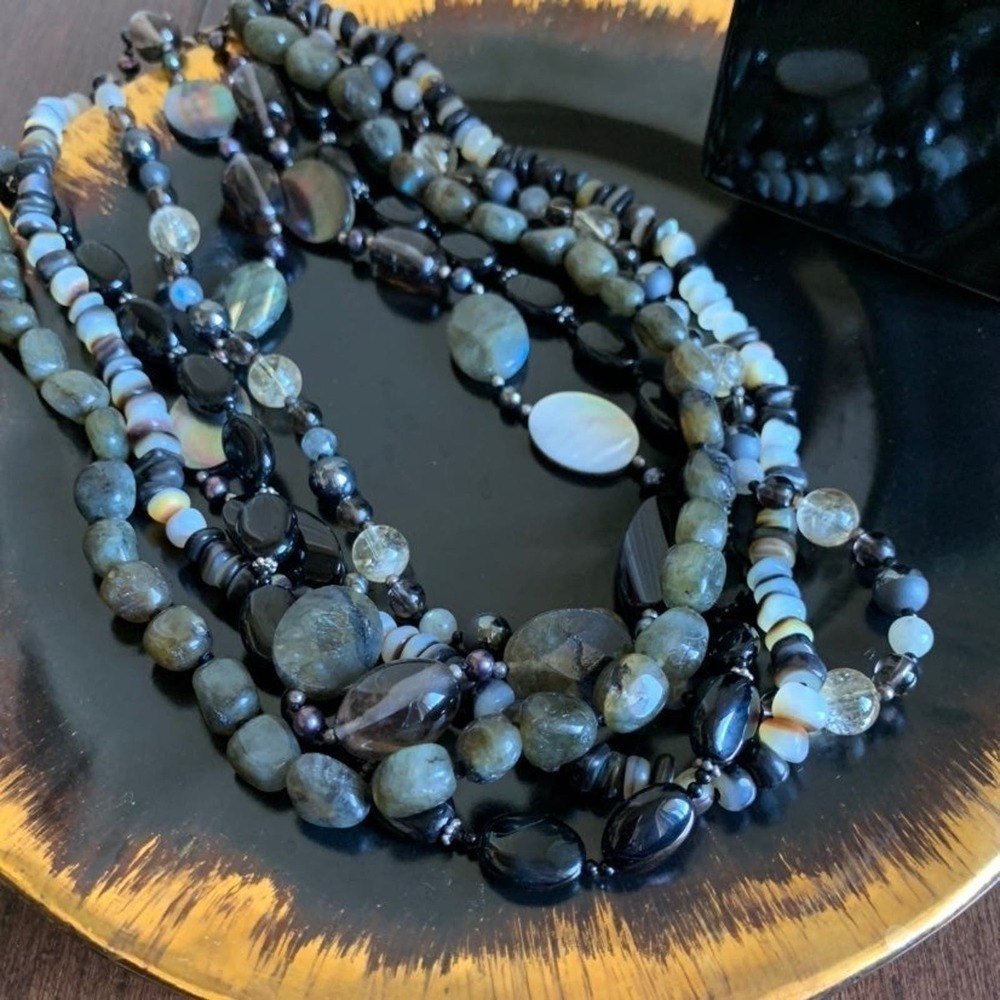 Genuine semi precious black & gray stones multi-layered 18"  Necklace